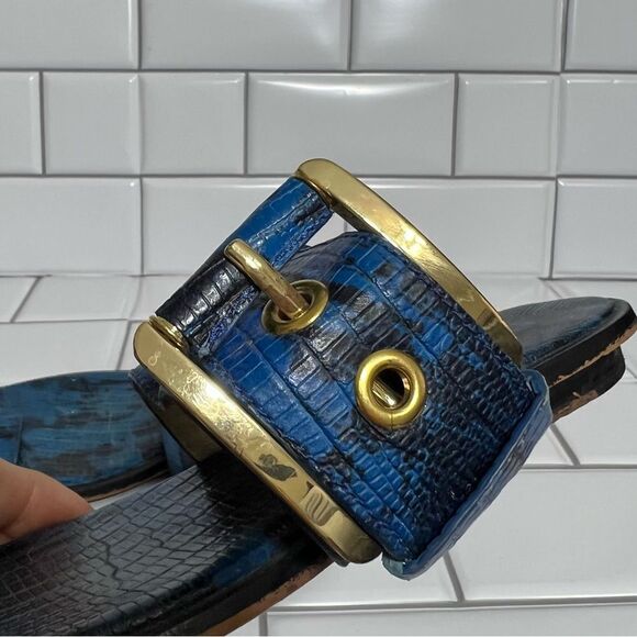 Michael Kors Calder Embossed Leather Flat Sandals Reptile Snake Skin Blue 7.5 - Picture 10 of 13